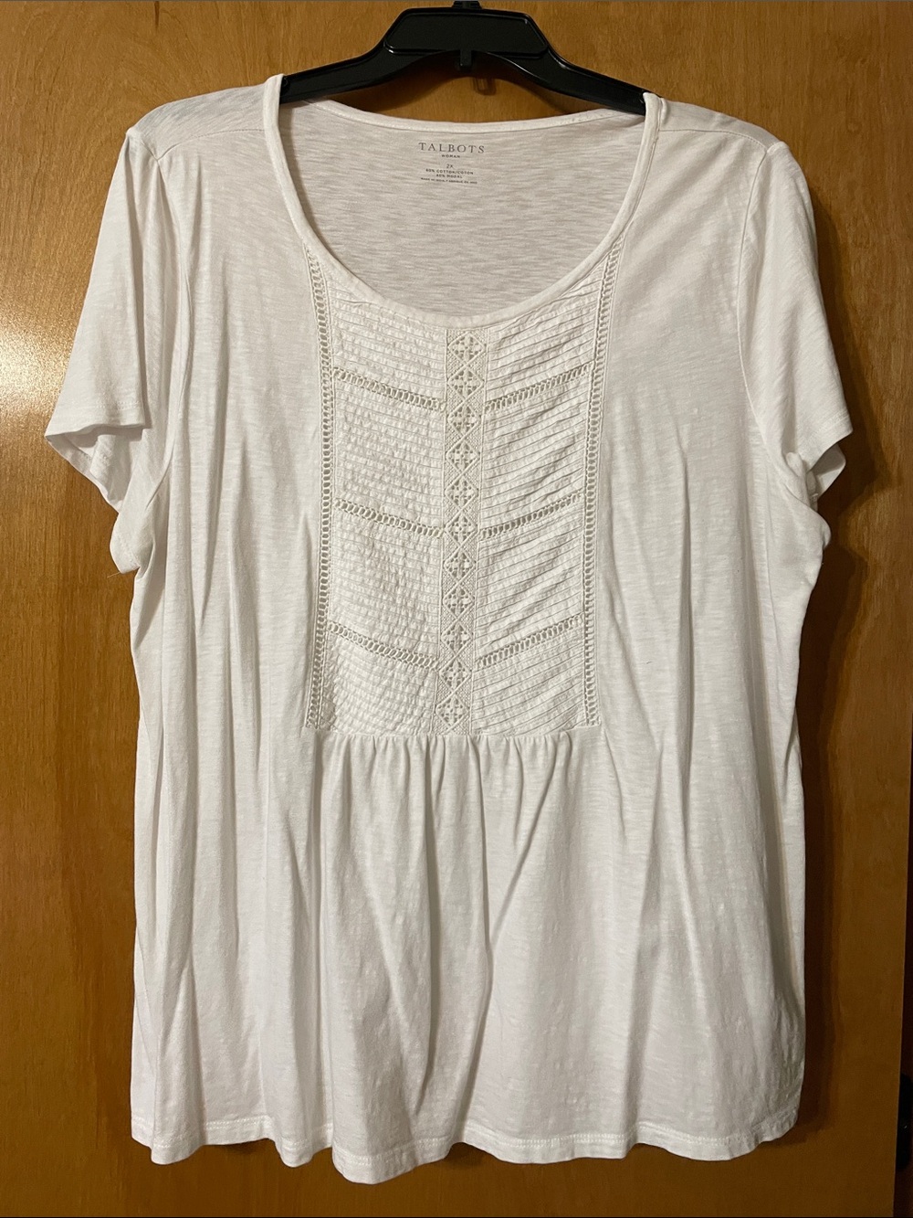 Talbots White Short Sleeve Crochet-Panel Cotton Tee